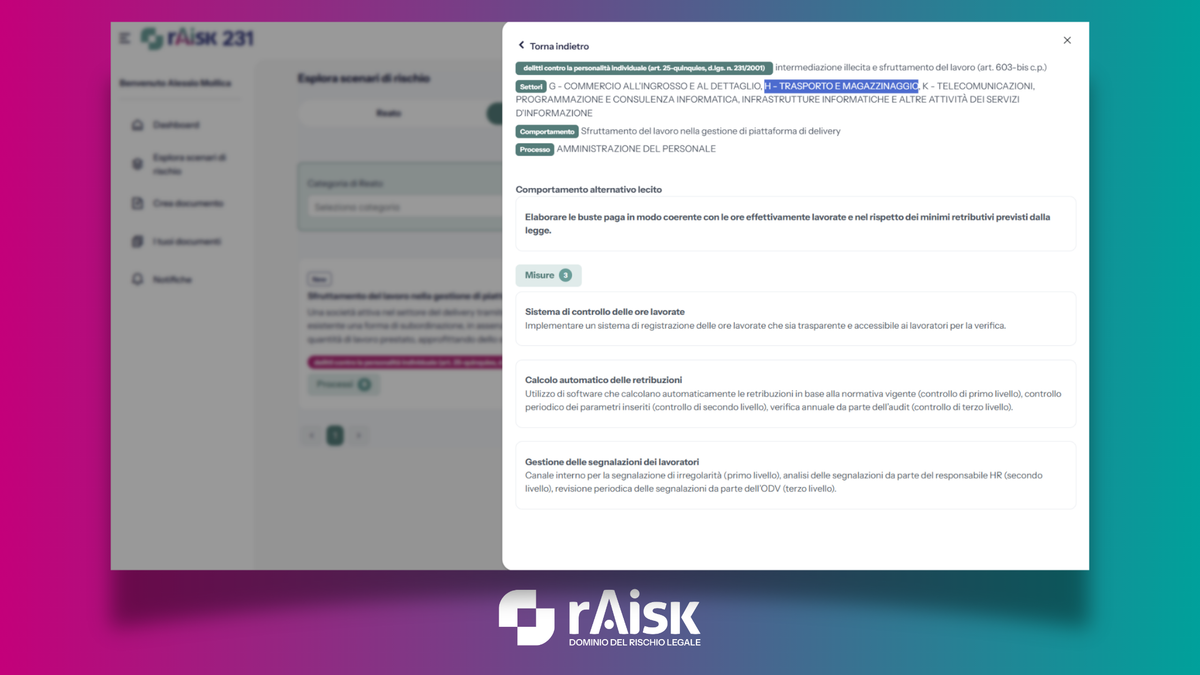 Mappatura della modalità commissiva di caporalato digitale con relative misure e comportamento alternativo lecito sviluppato da rAisk 231
